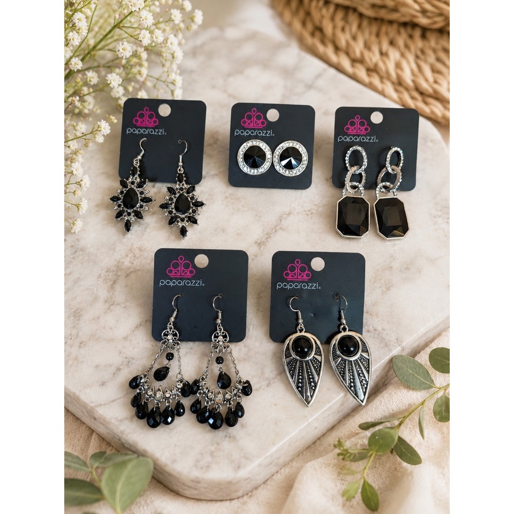 Paparazzi Jewelry Bundle - 5 Piece Lot  Silver &‎ Black Rhinestone Earrings